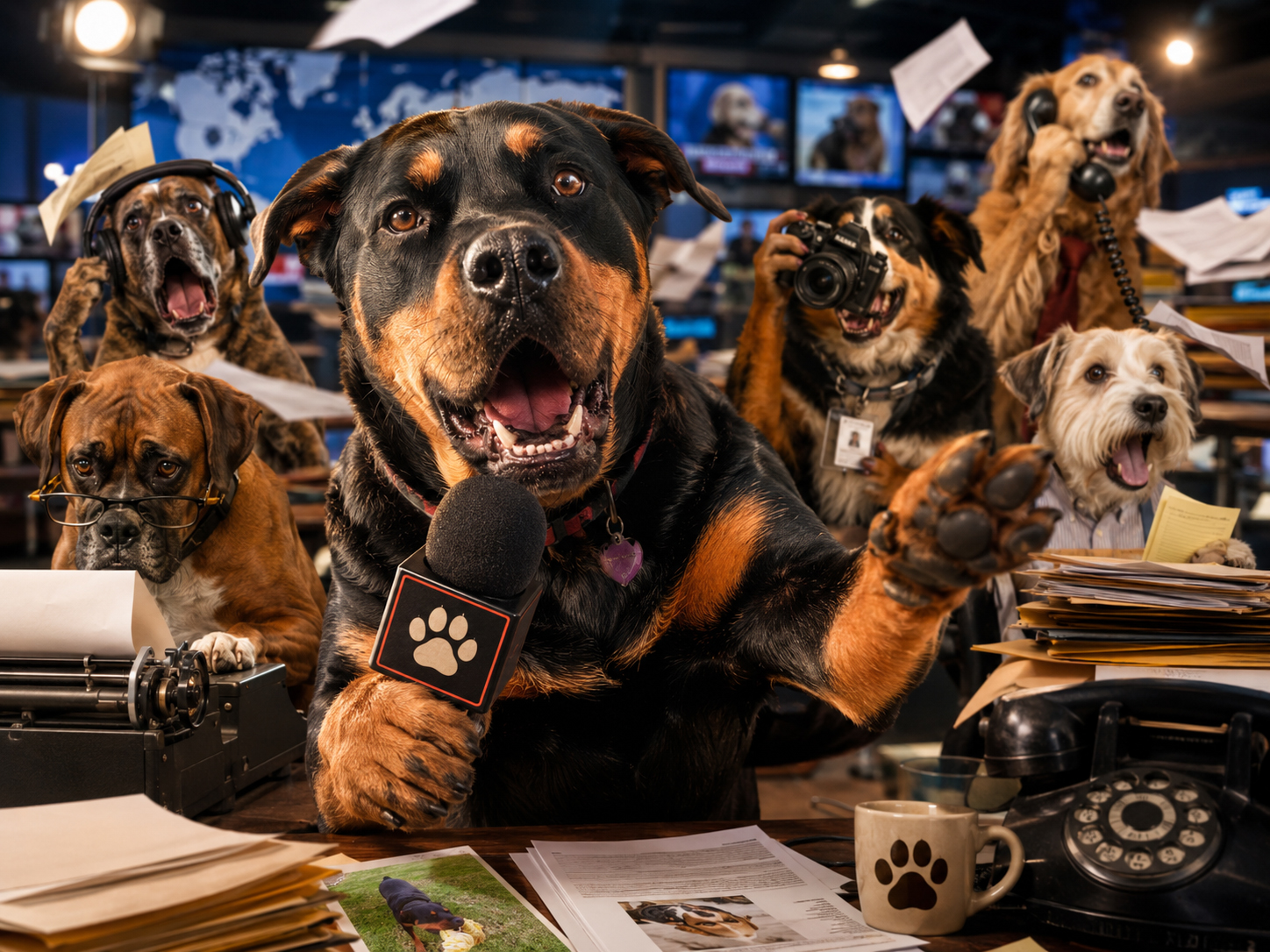Dog reporters in a chaotic breaking news newsroom