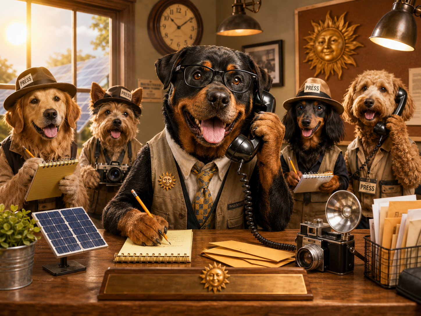 DogDaily dog reporter at a contact desk with ABC Solar and newsroom props