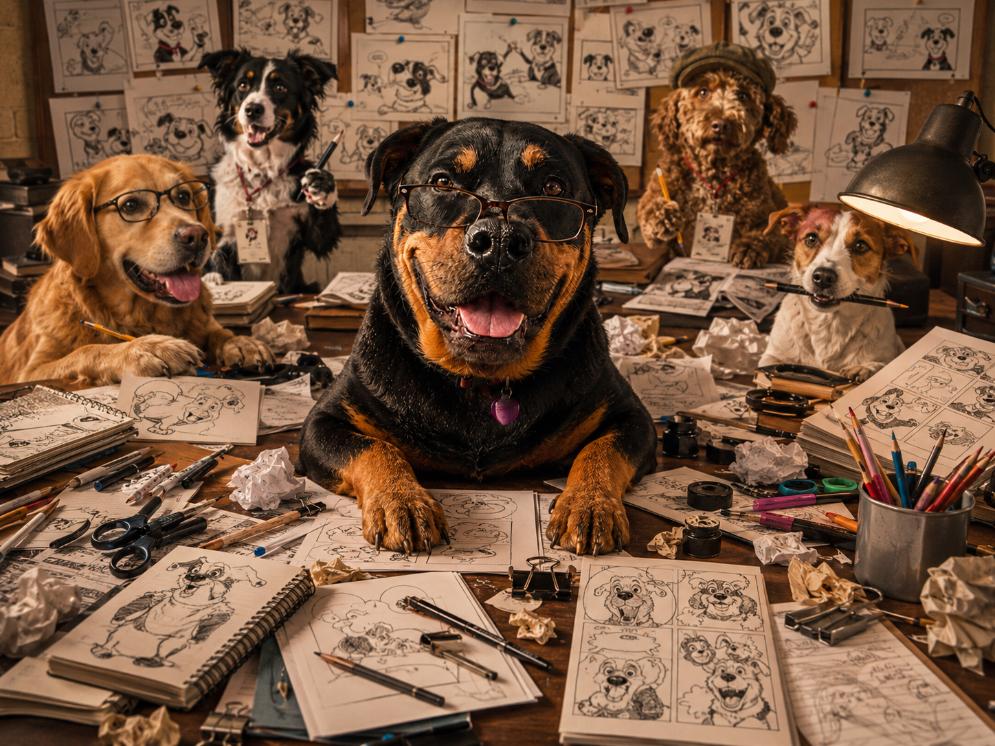 Dog comics desk with sketches and joke writers