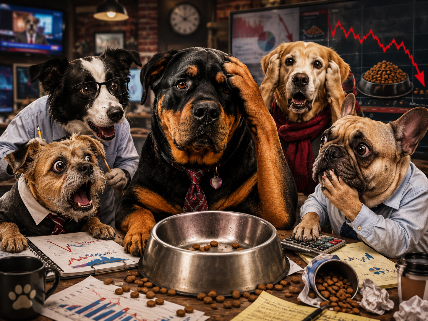 Dogs reacting to a nearly empty food bowl like an economic crisis
