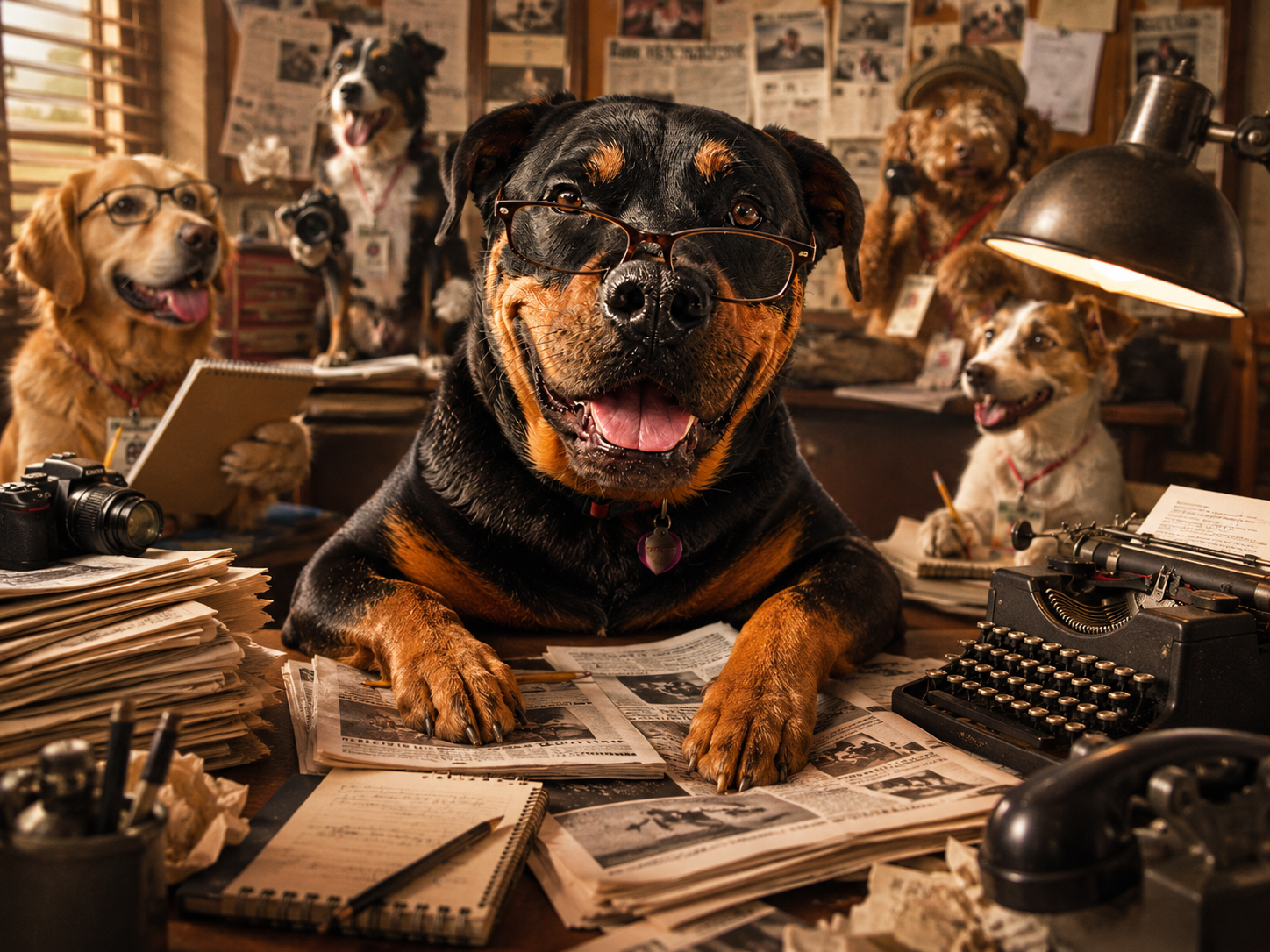 DogDaily newsroom with dog reporters preparing the front page