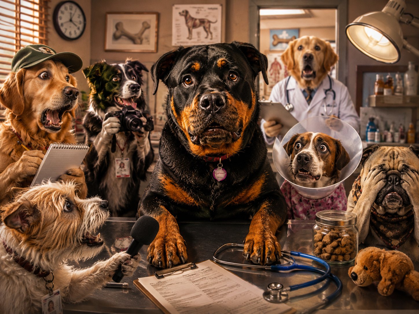 Dogs in a vet clinic press conference scene