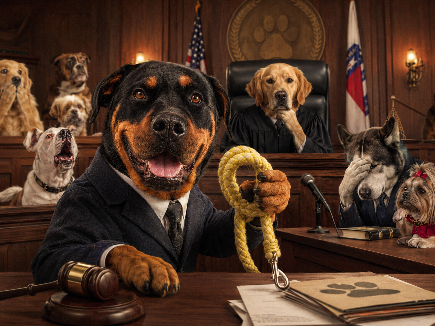 Dog courtroom drama with leash evidence