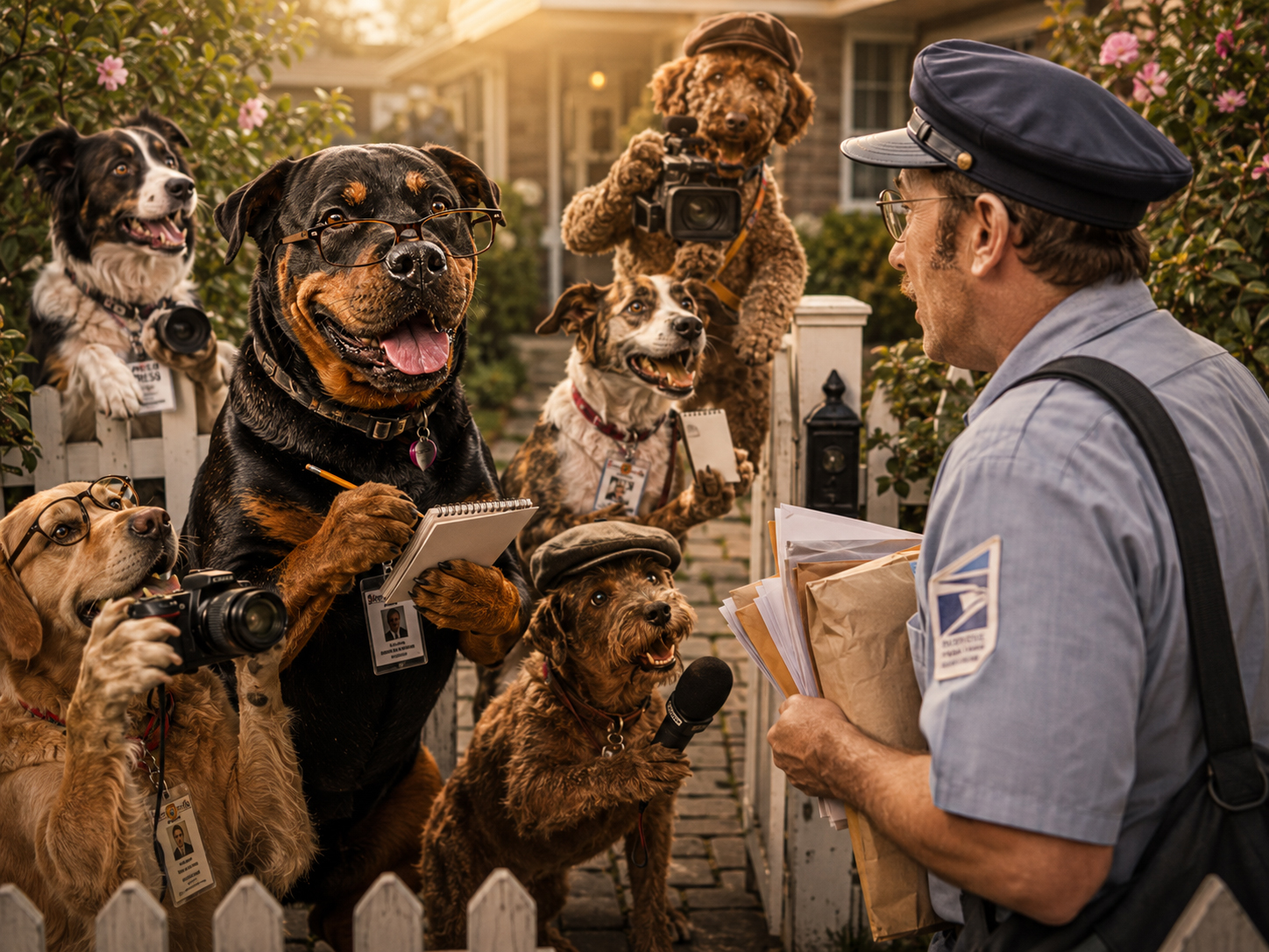 Dog reporters interviewing the mailman at the gate