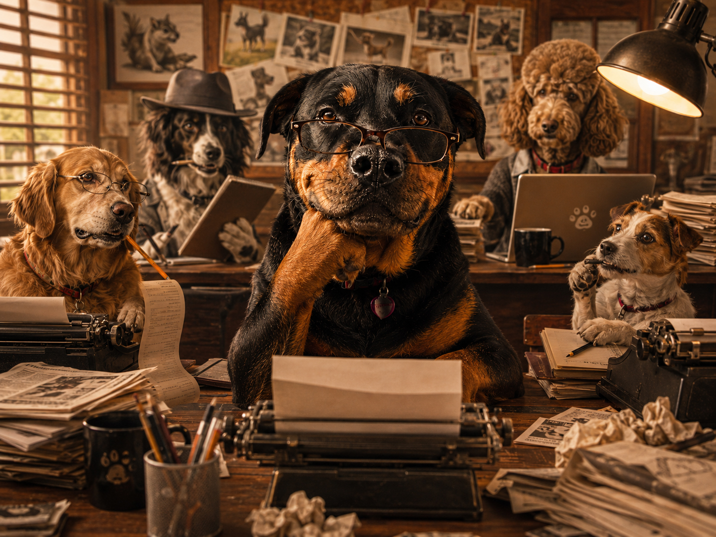 Dog opinion writers at a newsroom desk