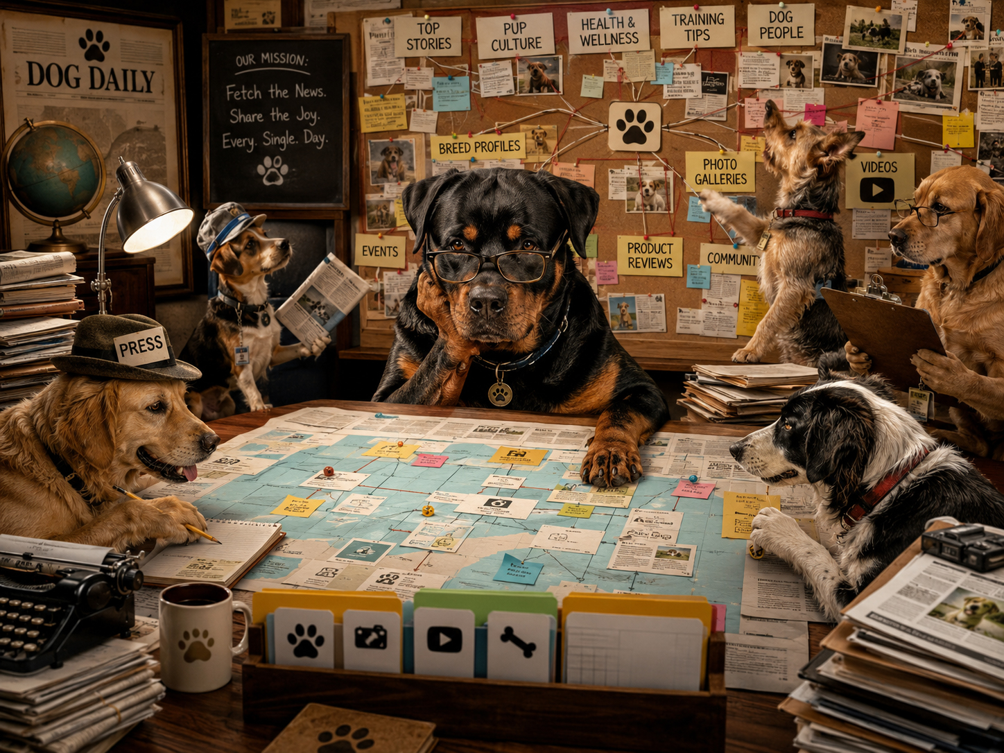 DogDaily dog reporters organizing a giant newsroom site map