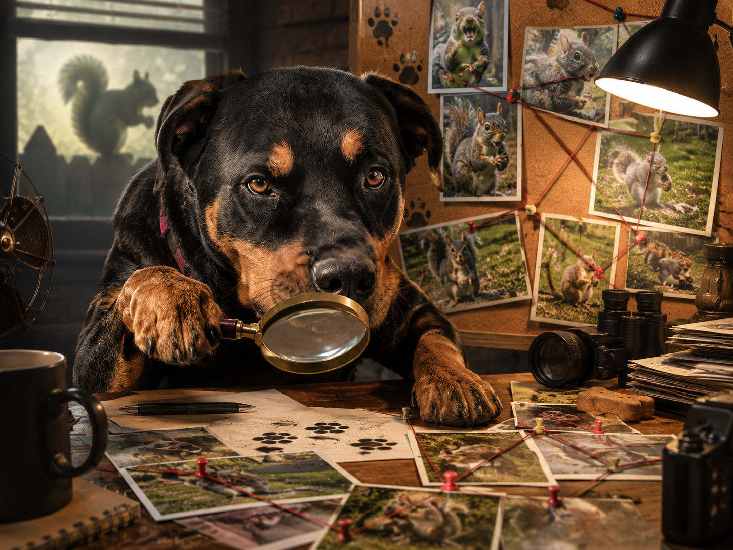 Dog detective investigating squirrel evidence